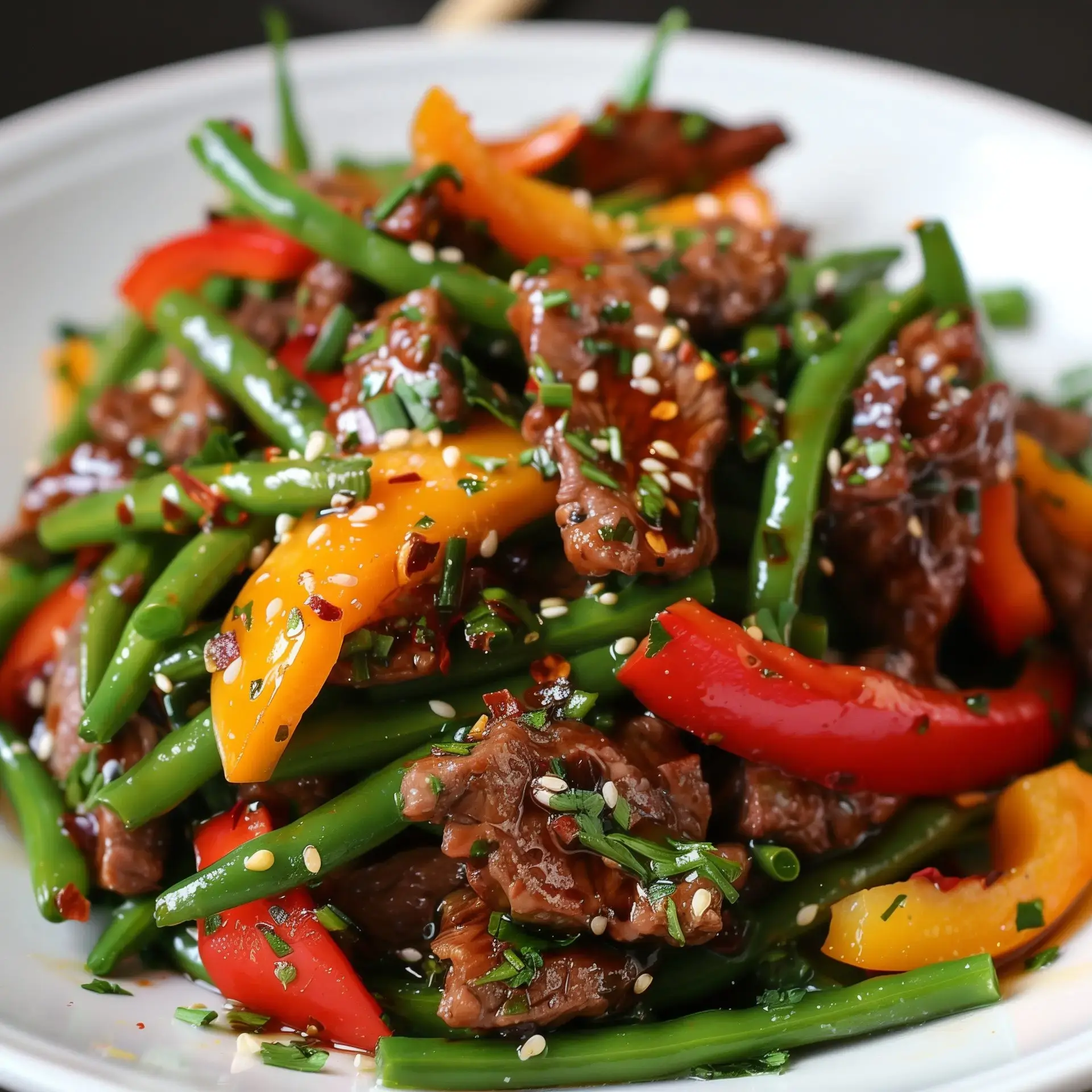 Un plat festif mettant en avant des légumes colorés, haricots verts, tranches de viande et une touche de fraîcheur avec des herbes.