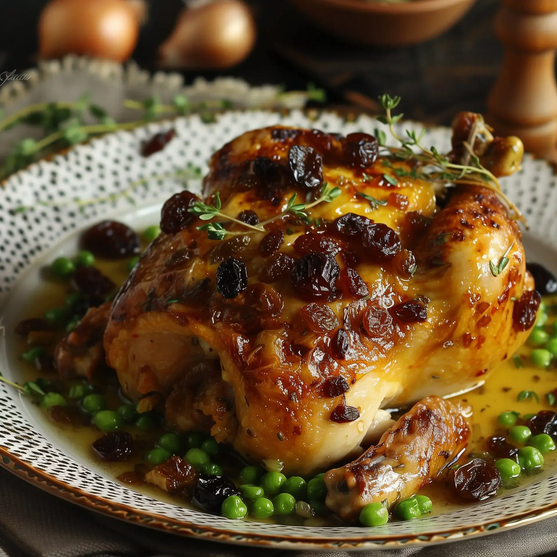 Un appétissant poulet rôti garni de raisins secs, présenté avec des petits pois frais.