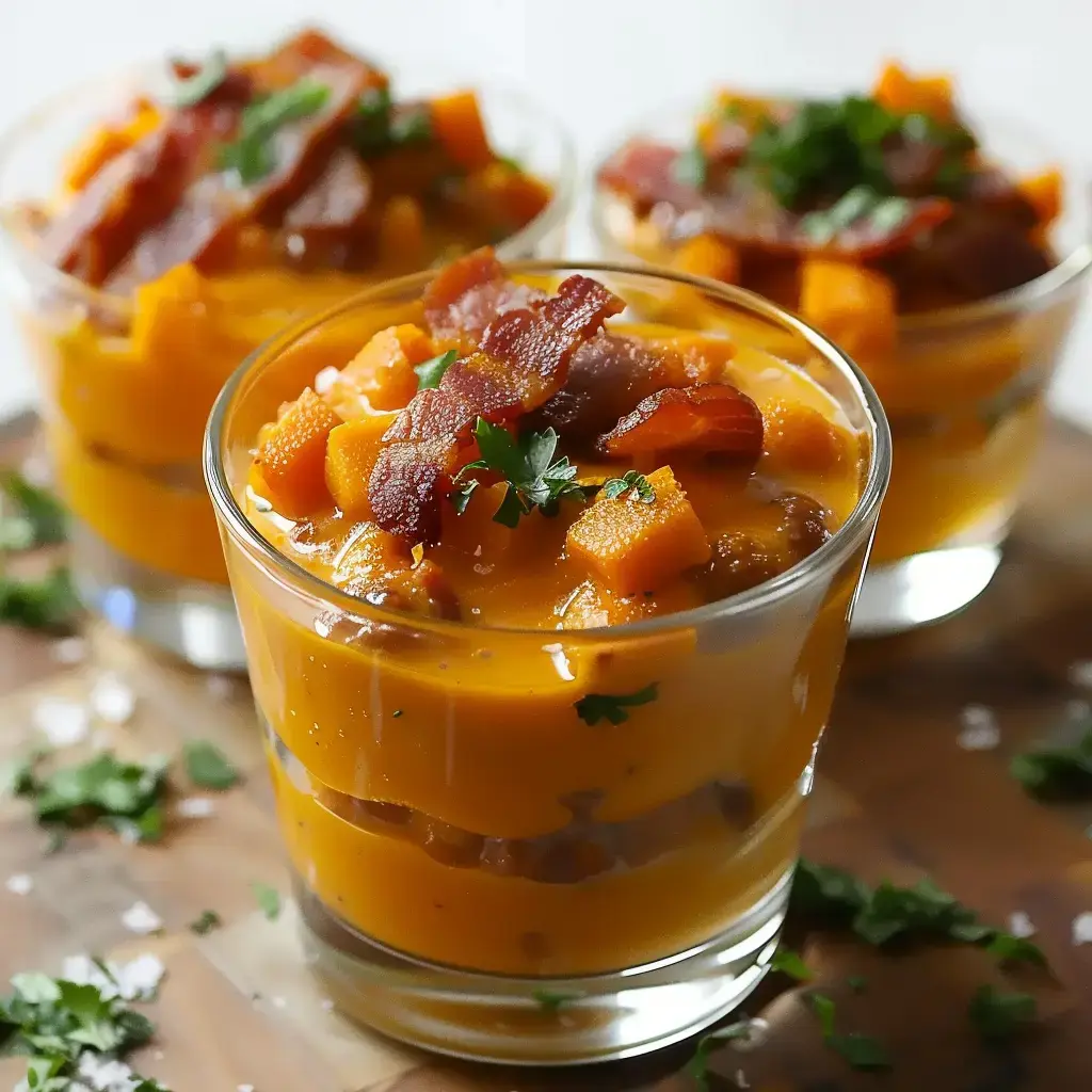 Une verrine appétissante avec un mélange de purée de courge, des morceaux de chorizo, du lard croustillant et une garniture de coriandre fraîche.