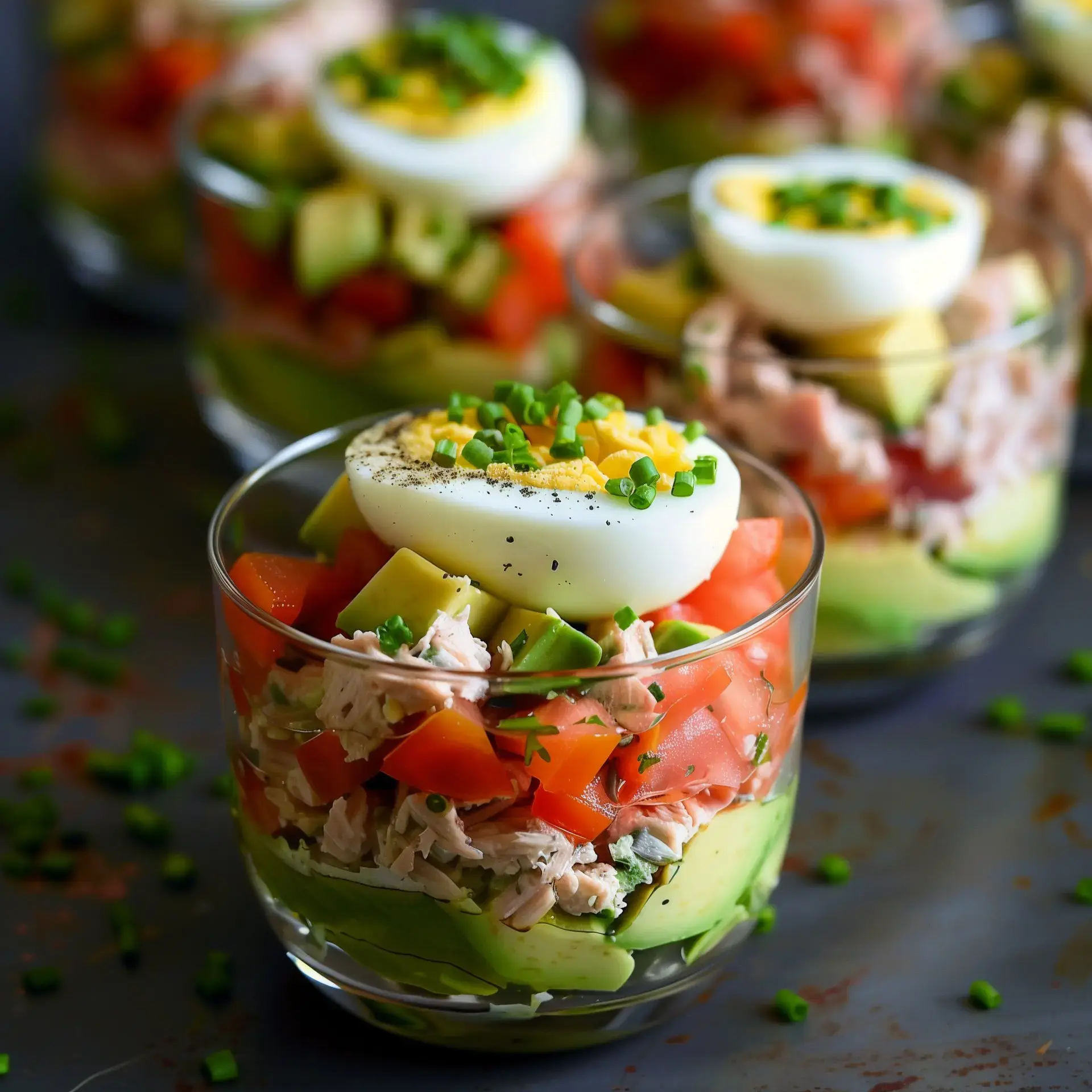 Verrines élégantes avec thon, avocat, tomates et œuf dur, décorées de ciboulette.