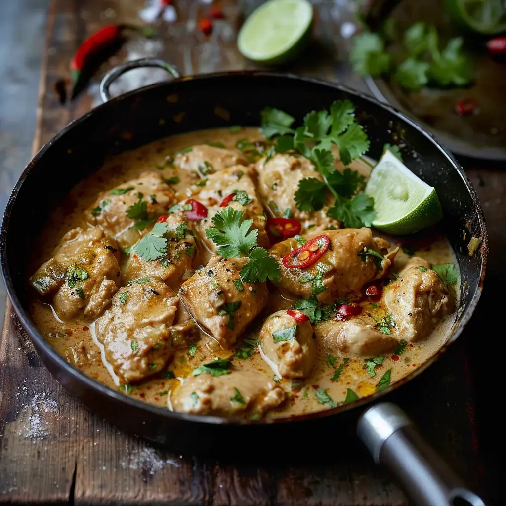 Une assiette de poulet mijoté dans une délicieuse sauce au coco, avec du piment, de la coriandre et des quartiers de lime, présentée dans une casserole.