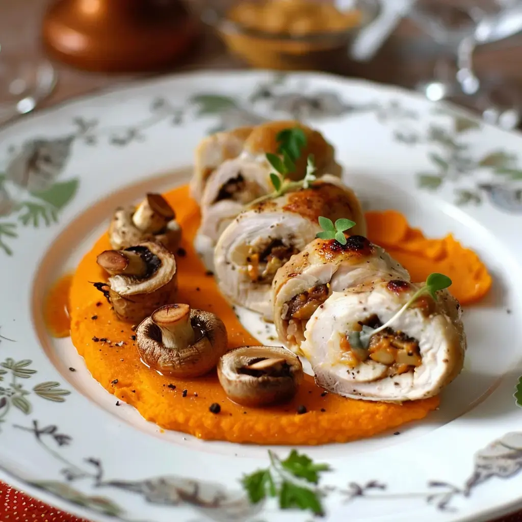 Un plat raffiné avec roulés de dinde farcis, purée d'assaisonnement doux et champignons dorés.