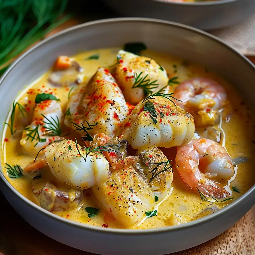 Un repas délicieux avec poisson blanc et crevettes, dans une sauce coco et curry, avec herbes fraîches.