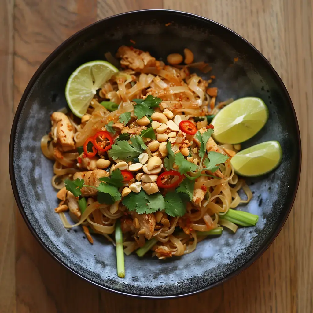 Une assiette de nouilles sautées au poulet, parsemée d'éclats de noix de cajou, de piment, de coriandre et accompagnée de citrons verts.