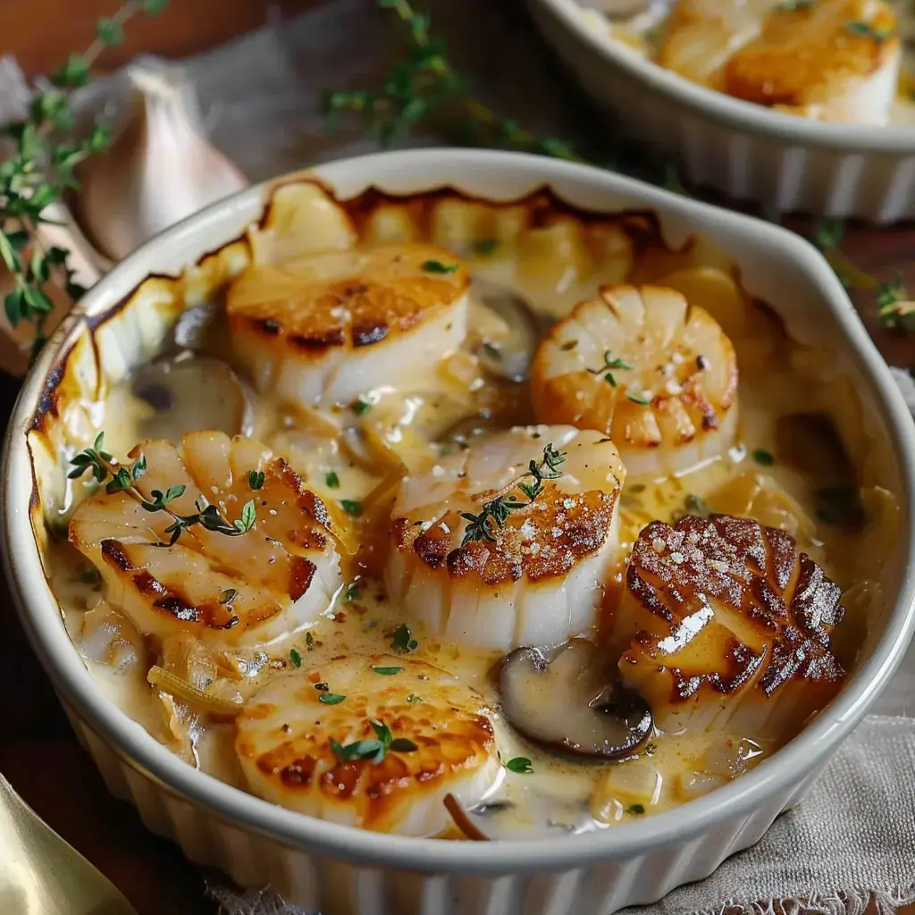 Cassolettes de Saint-Jacques nappées d'une sauce crémeuse, gratinées avec des champignons, et décorées de thym frais.