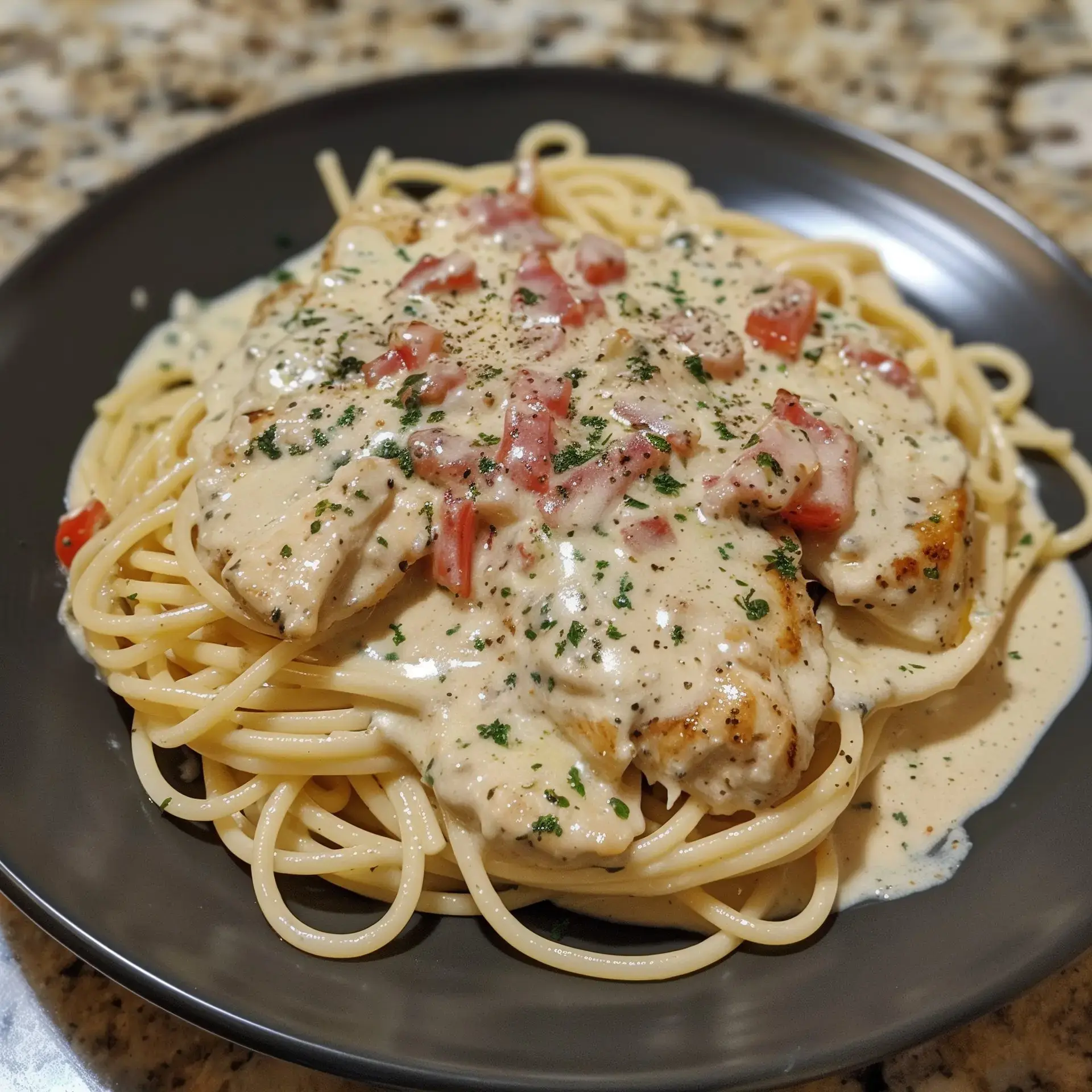 Un délicieux plat de pâtes aux spaghettis, morceaux de poulet dorés, sauce crémeuse et persillage frais, dans une assiette foncée.