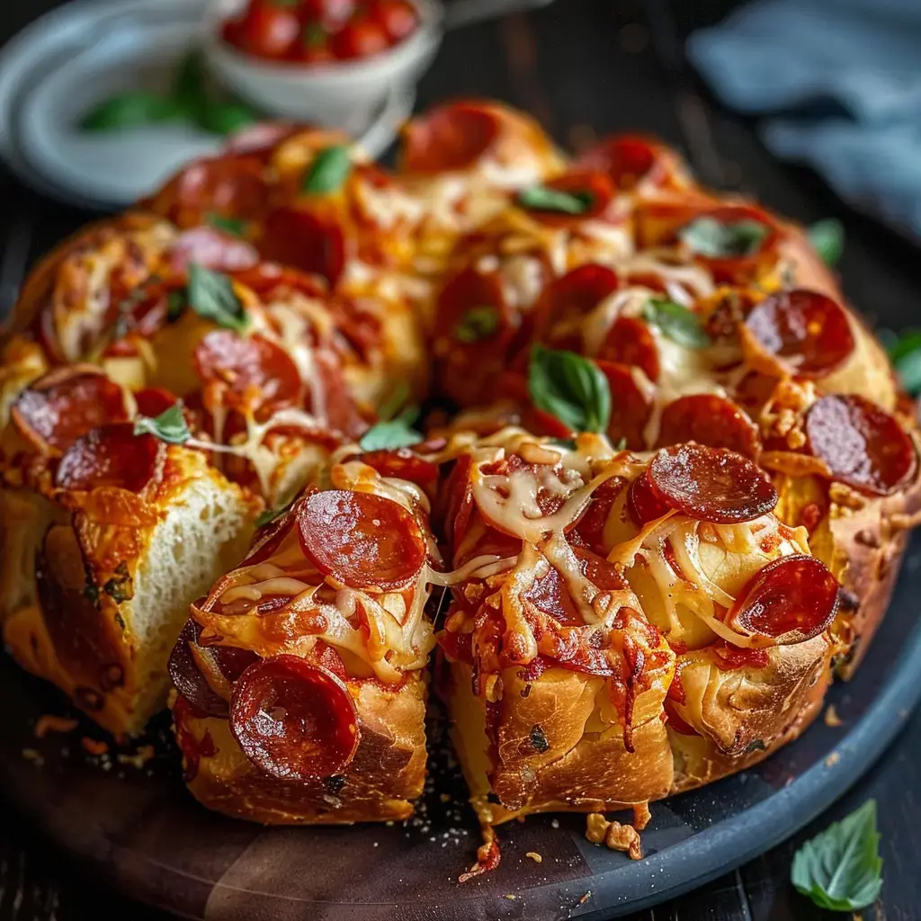 Pain maison fourré de fromage fondu et pepperoni, servi avec une barquette de tomates cerises.