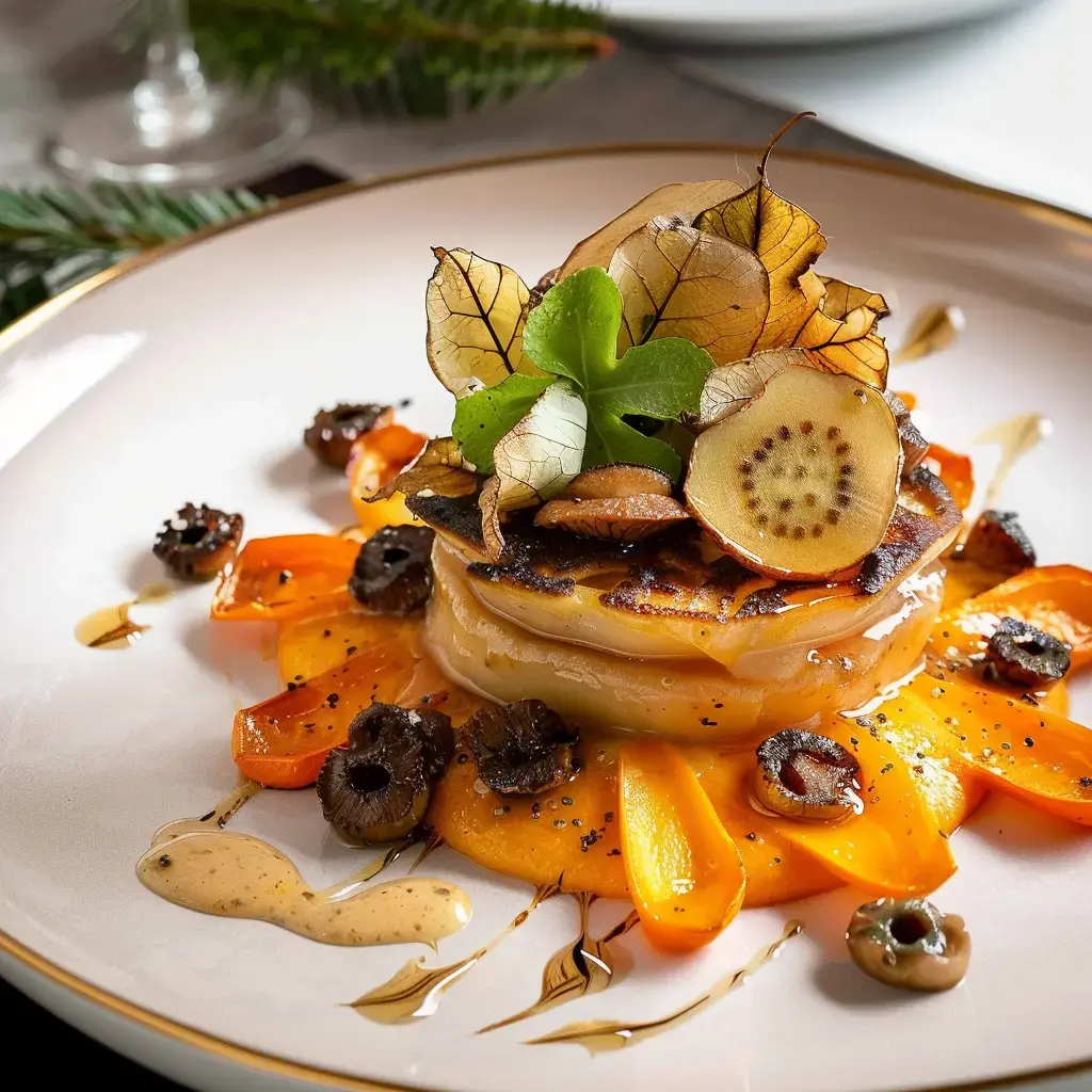 Un plat sophistiqué avec des couches de légumes croustillants et des sauces gourmandes, joliment dressé dans une assiette minimaliste.