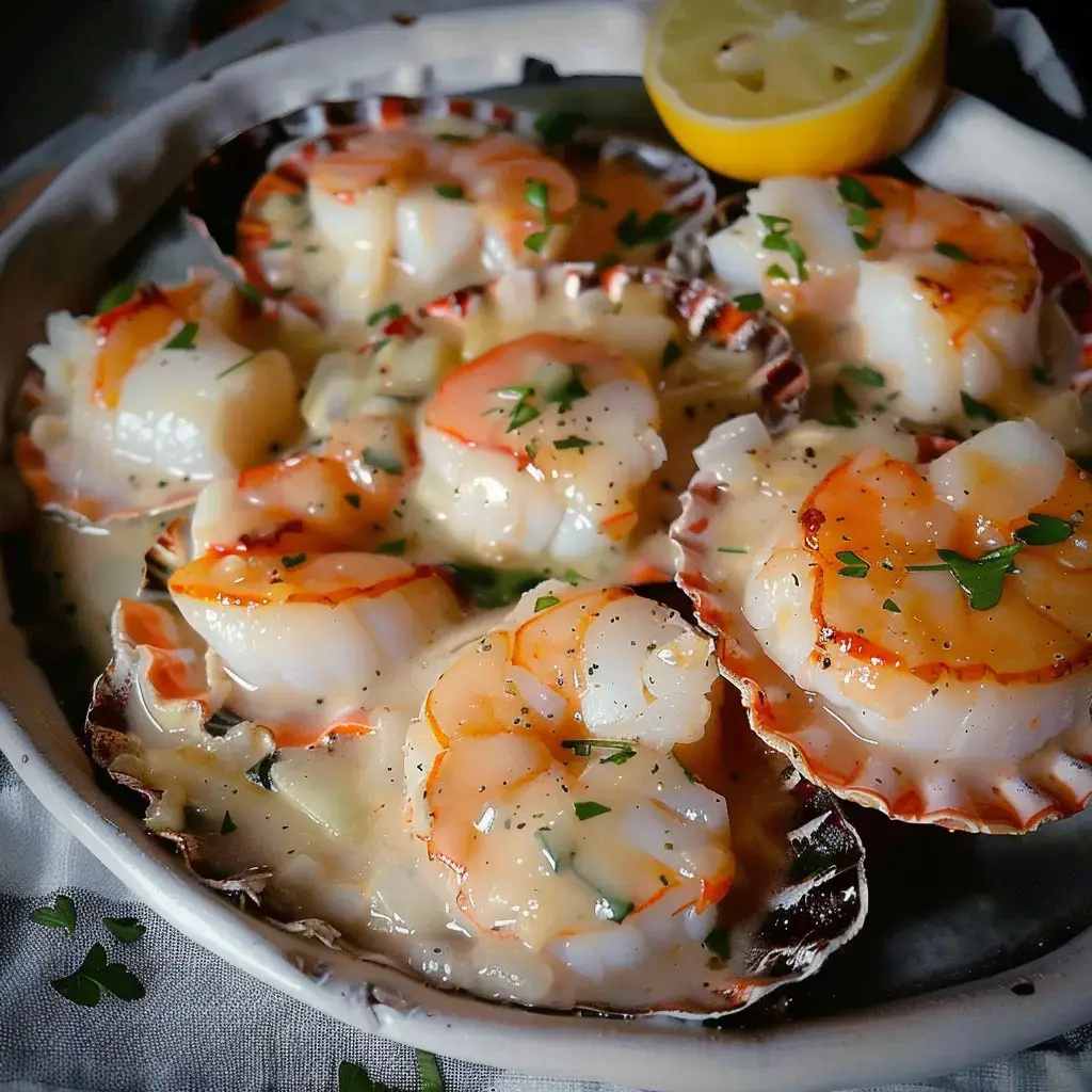 Une présentation élégante de Saint-Jacques dans leurs coquilles avec une sauce crémeuse et une tranche de citron.