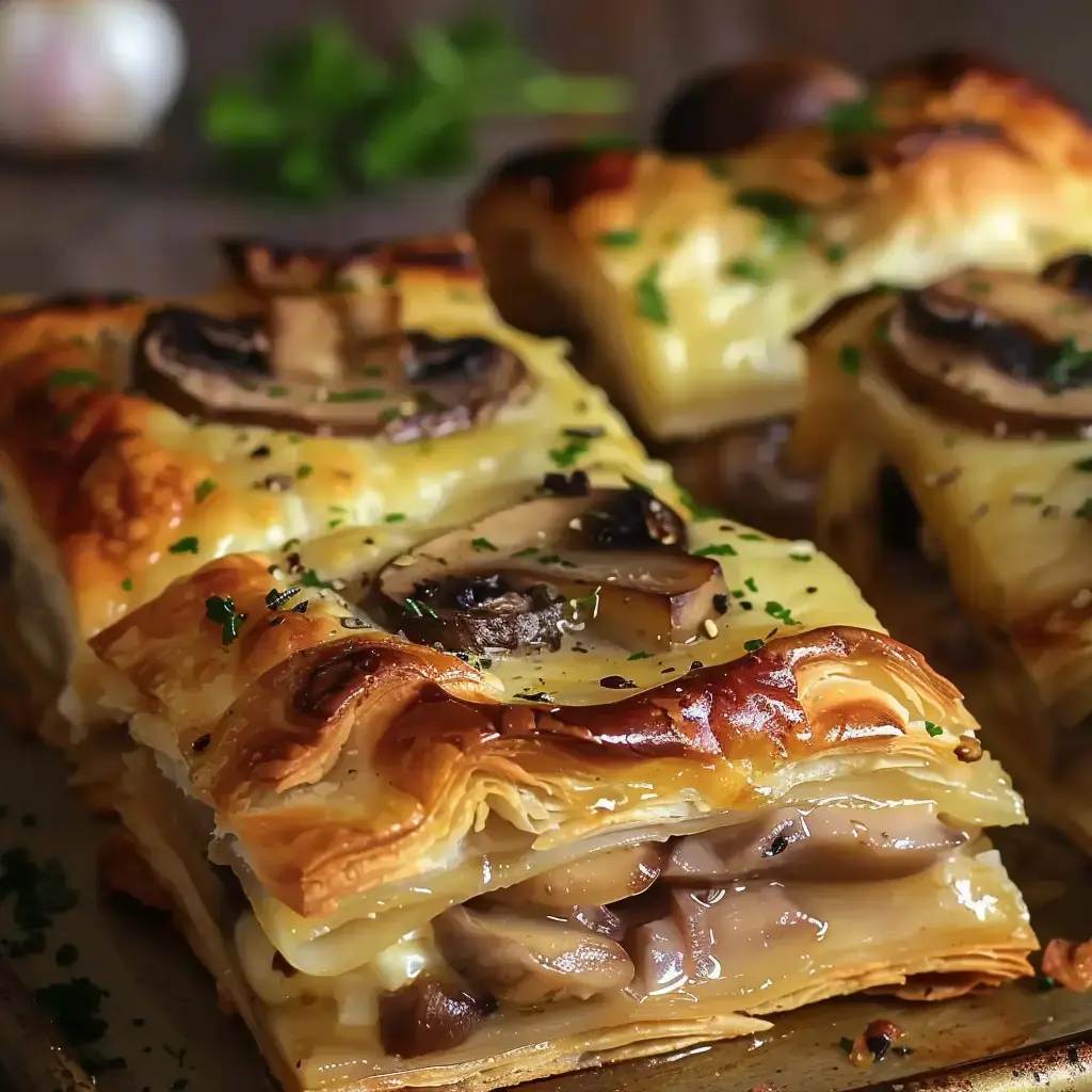 Un feuilleté doré garni de champignons et fromage, avec une touche d'herbes fraîches.