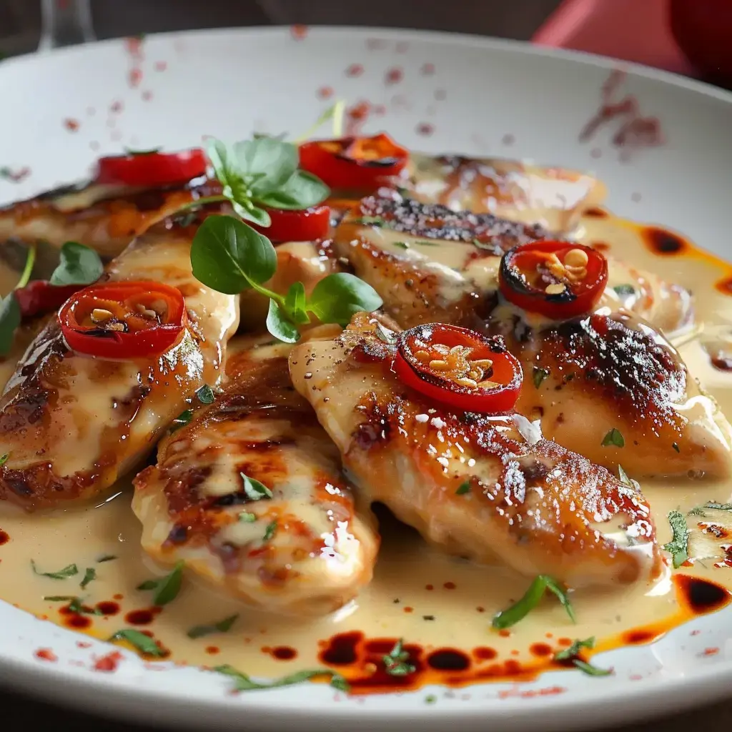 Un plat savoureux de filets de poulet nappés de sauce crémeuse, ornés de tranches de piment rouge et de persil.