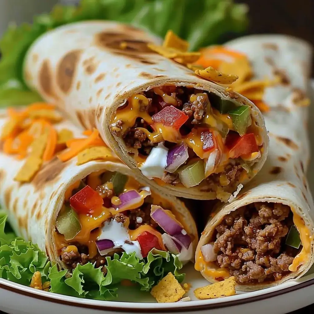 Des wraps pleins de viande épicée, recouverts de fromage fondant, garnis de légumes frais et d’une crème aigre, le tout servi sur un lit de laitue.