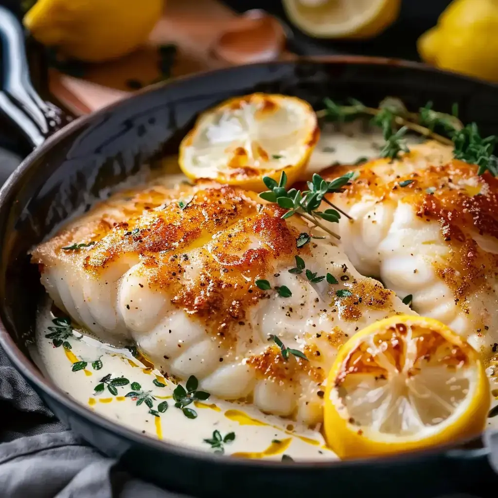 Un plat de cabillaud dans une savoureuse sauce blanche, agrémenté de tranches de citron et de thym.