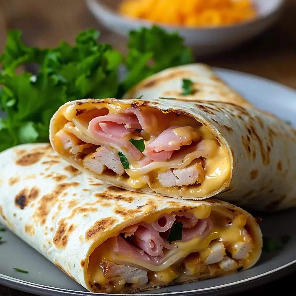 Wraps grillés avec poulet, jambon, fromage fondant et quelques feuilles de salade.