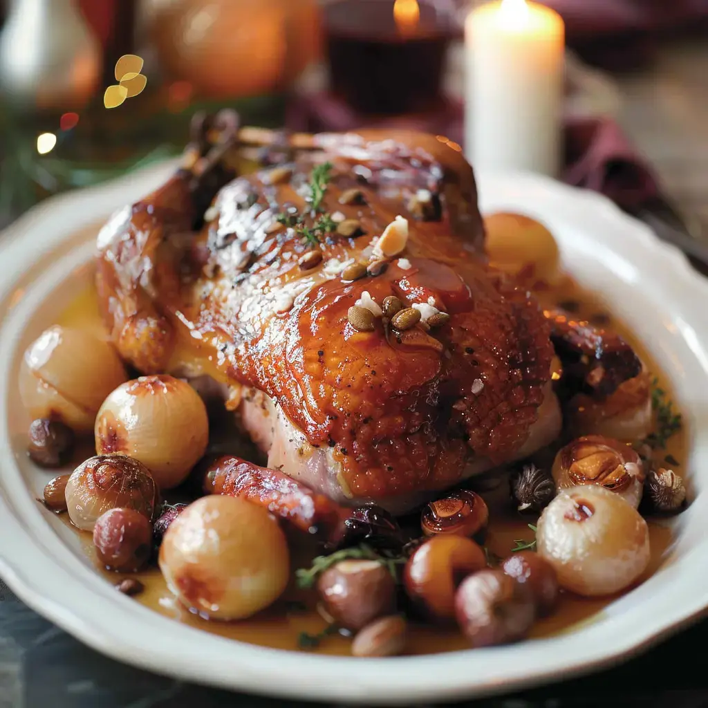 Plat de dinde dorée avec des marrons et petits légumes dans une sauce généreuse.