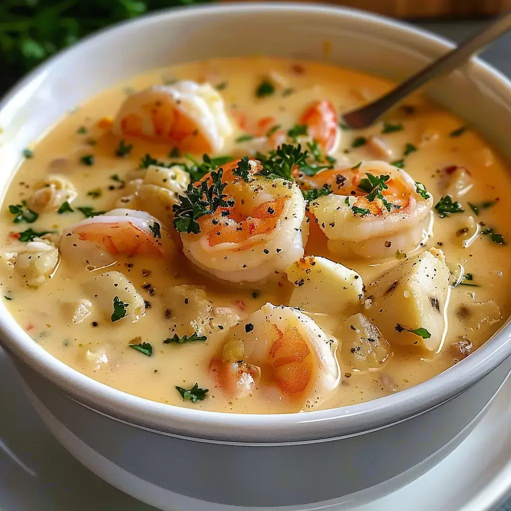 Une assiette remplie de bisque crémeuse au crabe avec des garnitures de persil frais et de poivre noir.