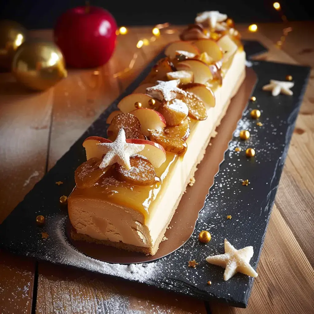 Une bûche festive sublimée par des rondelles de pommes, des nappages au caramel et des étoiles, le tout disposé sur une élégante assiette avec des décors dorés en arrière-plan.