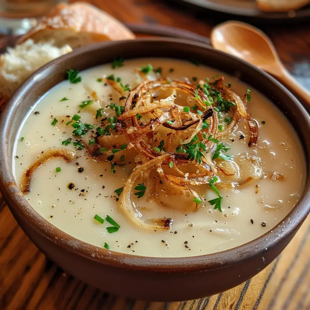 Une délicieuse soupe d'oignons avec garniture d'oignons croustillants et persil, et du pain à côté.
