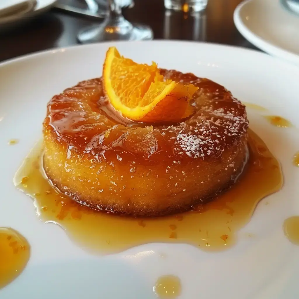 Dessert moelleux couvert de caramel avec une rondelle d'orange, présenté sur une assiette blanche.