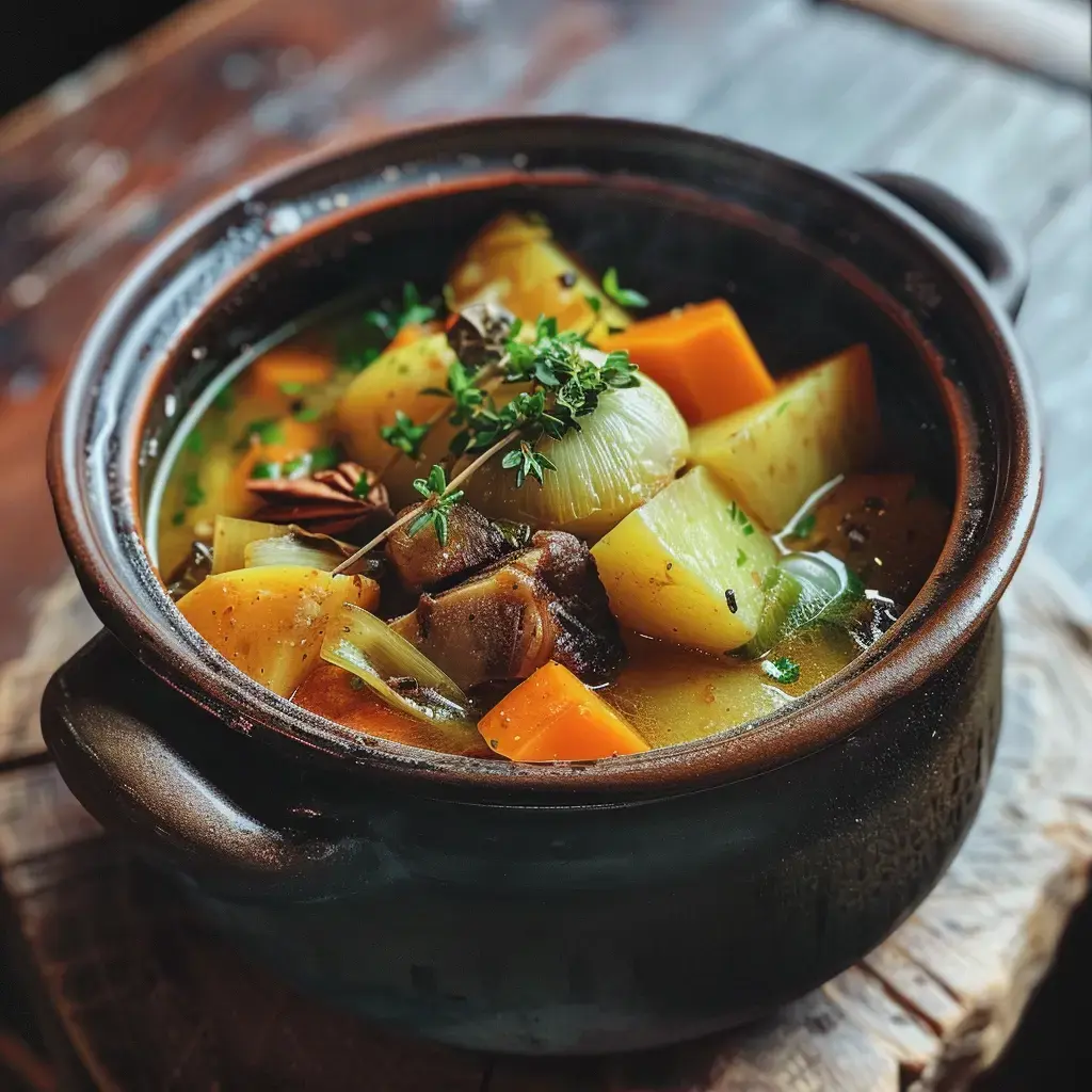 Un délicieux pot-au-feu mijoté avec des morceaux de légumes colorés et des herbes, présenté dans une marmite sur une table en bois.