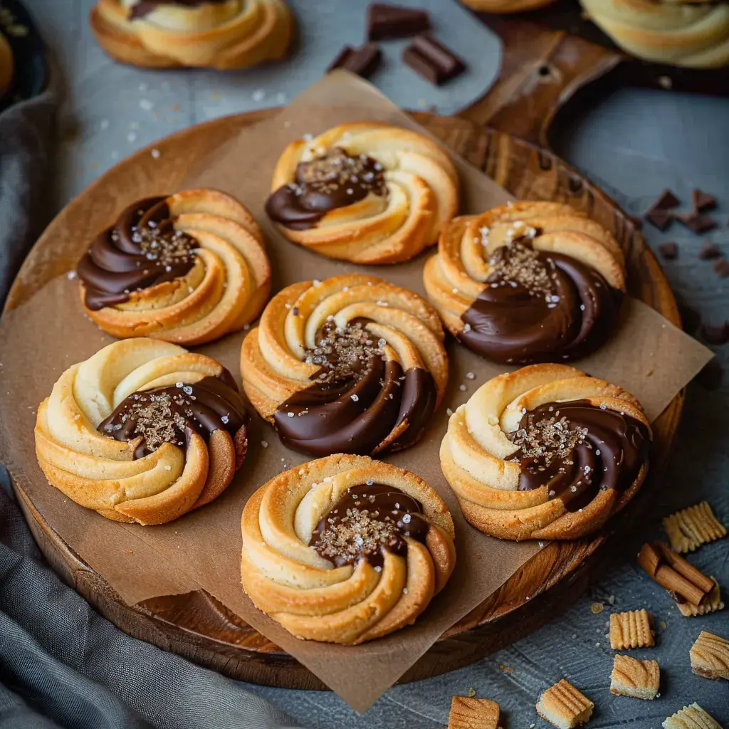 Des biscuits en spirale trempés dans du chocolat noir, surmontés de cristaux de sucre, posés élégamment sur une planche en bois.