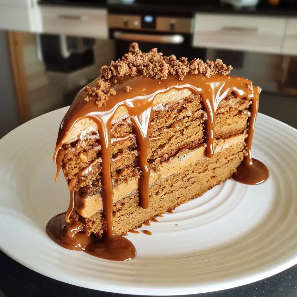 Une part de gâteau moelleux avec caramel qui coule et des miettes, servie dans une assiette.