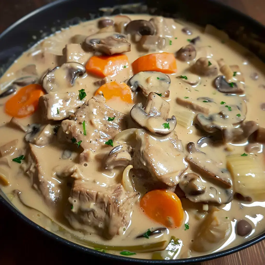 Un mélange gourmand de viande fondante, champignons et carottes baignés dans une sauce veloutée.