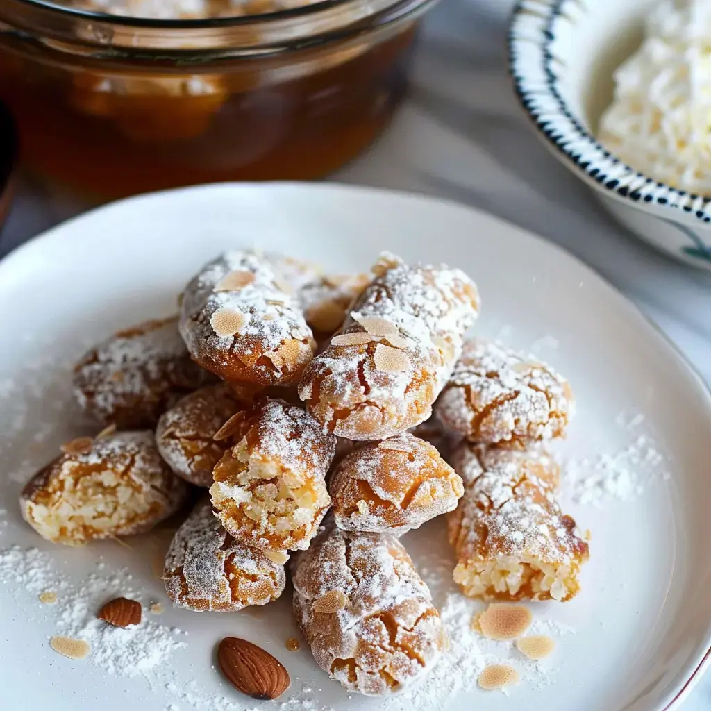 Des biscuits poudrés de sucre glace sont empilés sur une belle assiette, entourés d'amandes et d'un pot de miel en décor.