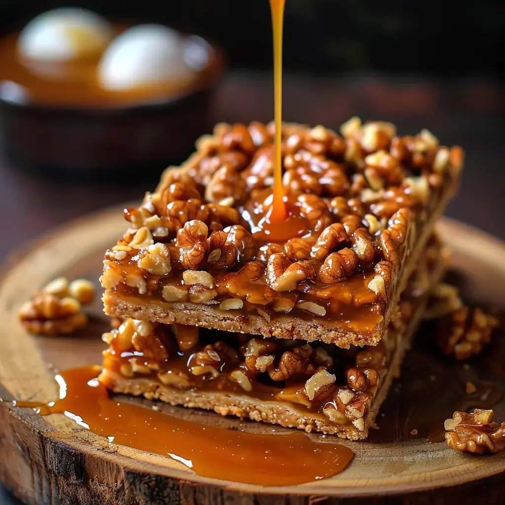 Tranches de tarte aux noix nappées de caramel, posées sur une planche bois avec des œufs en arrière-plan.