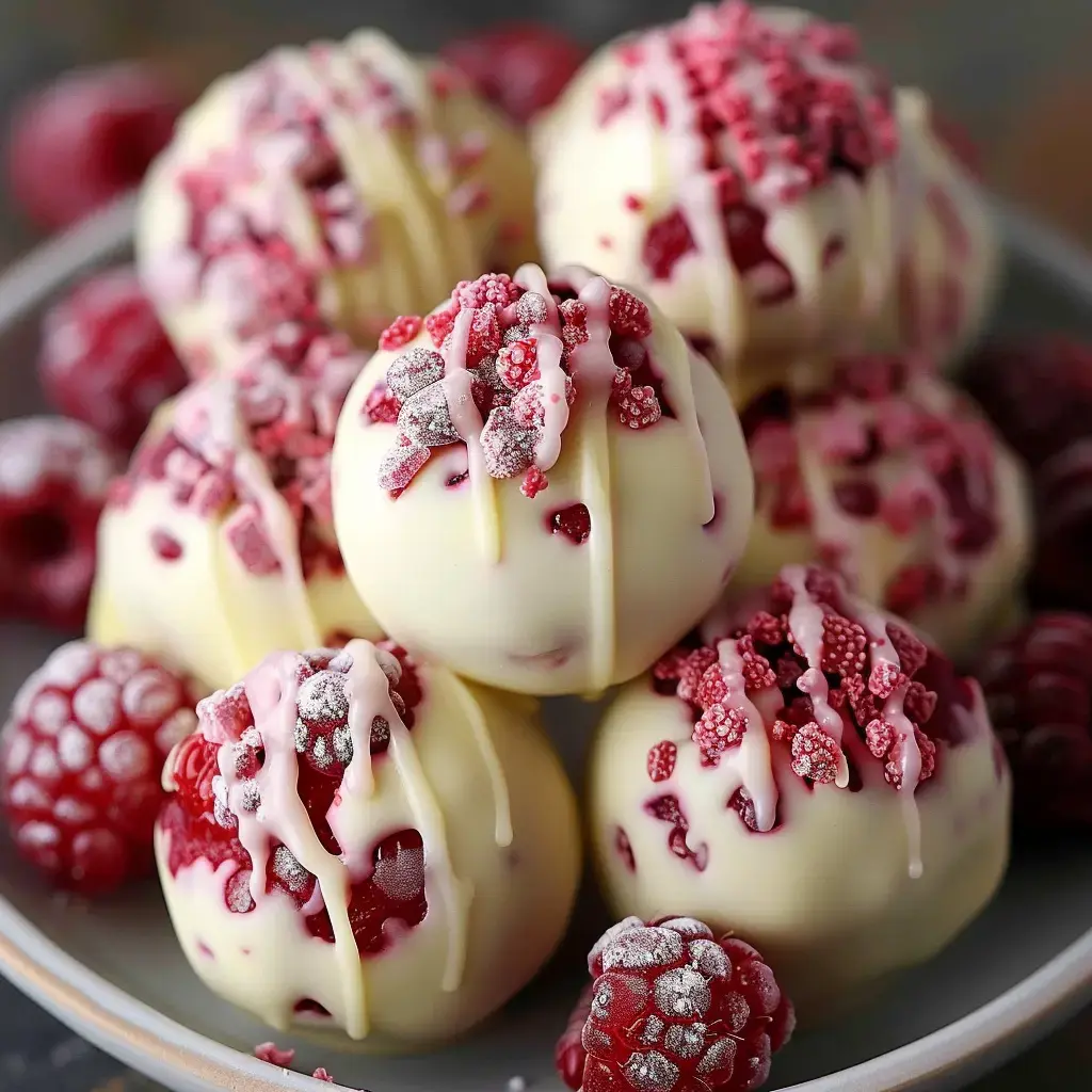Petites boules blanches avec une touche de framboise, décorées délicatement avec des éclats roses et argentés sur une jolie assiette.