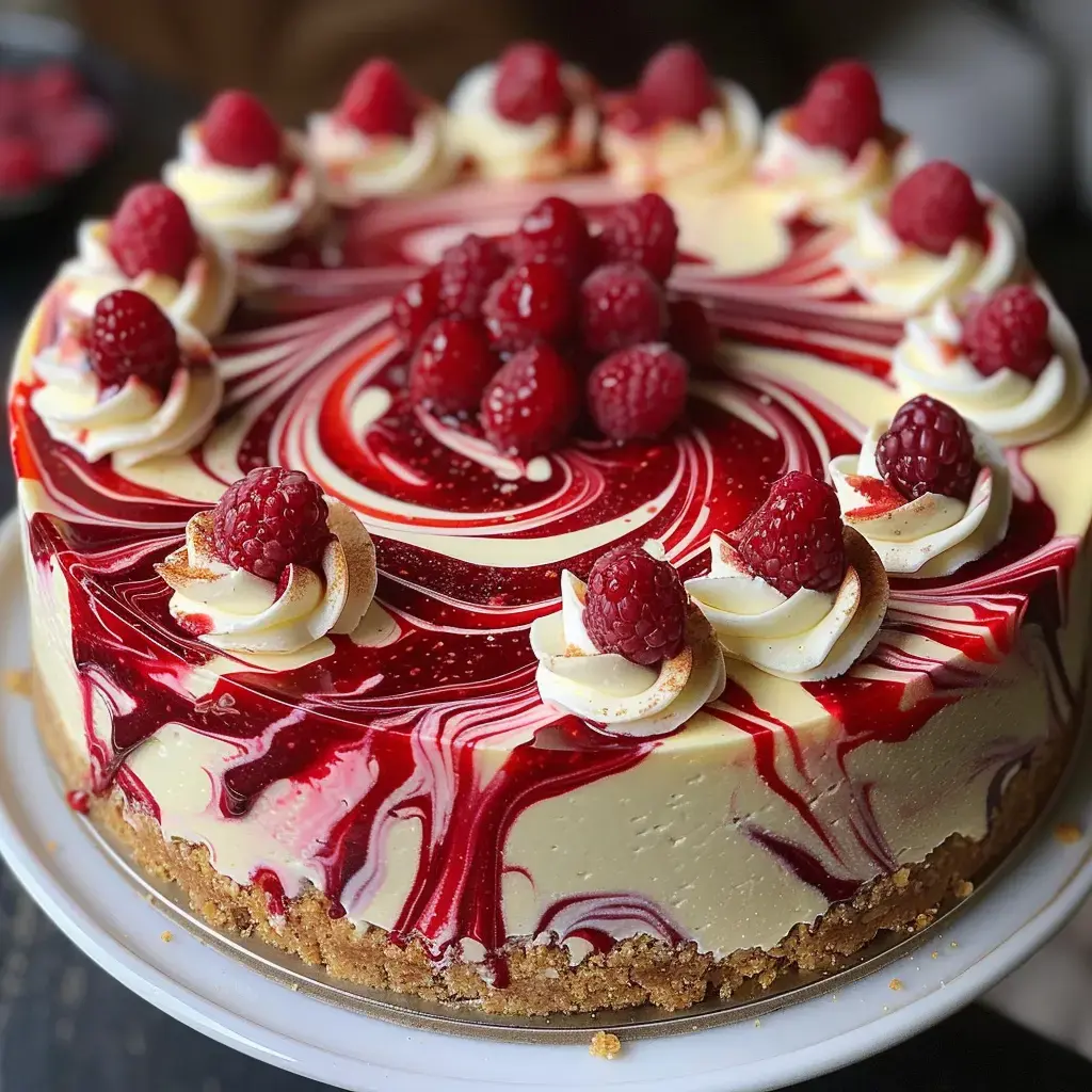 Cheesecake avec base biscuitée, coulis rouge et framboises fraîches.