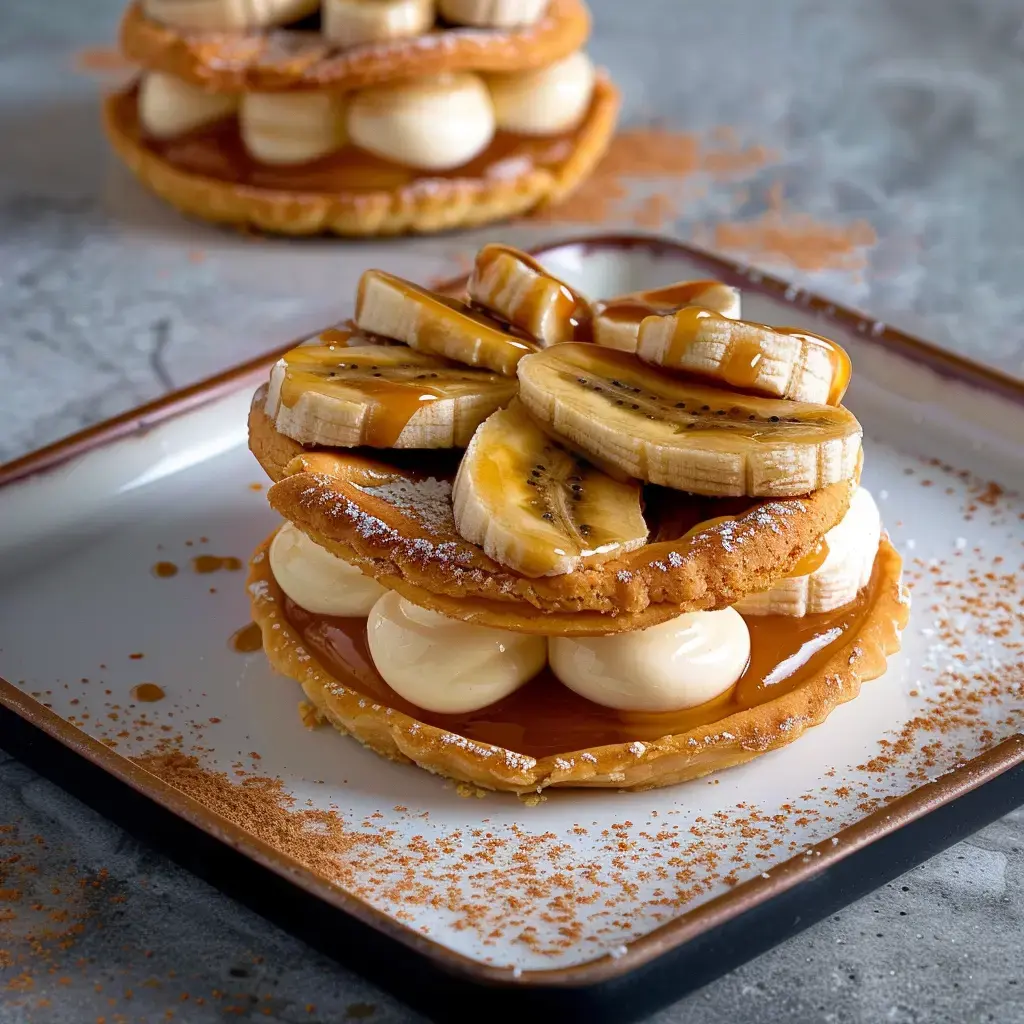 Une pâtisserie gourmande avec des biscuits croquants, de la crème légère, du caramel et des rondelles de banane, servie sur une belle assiette.