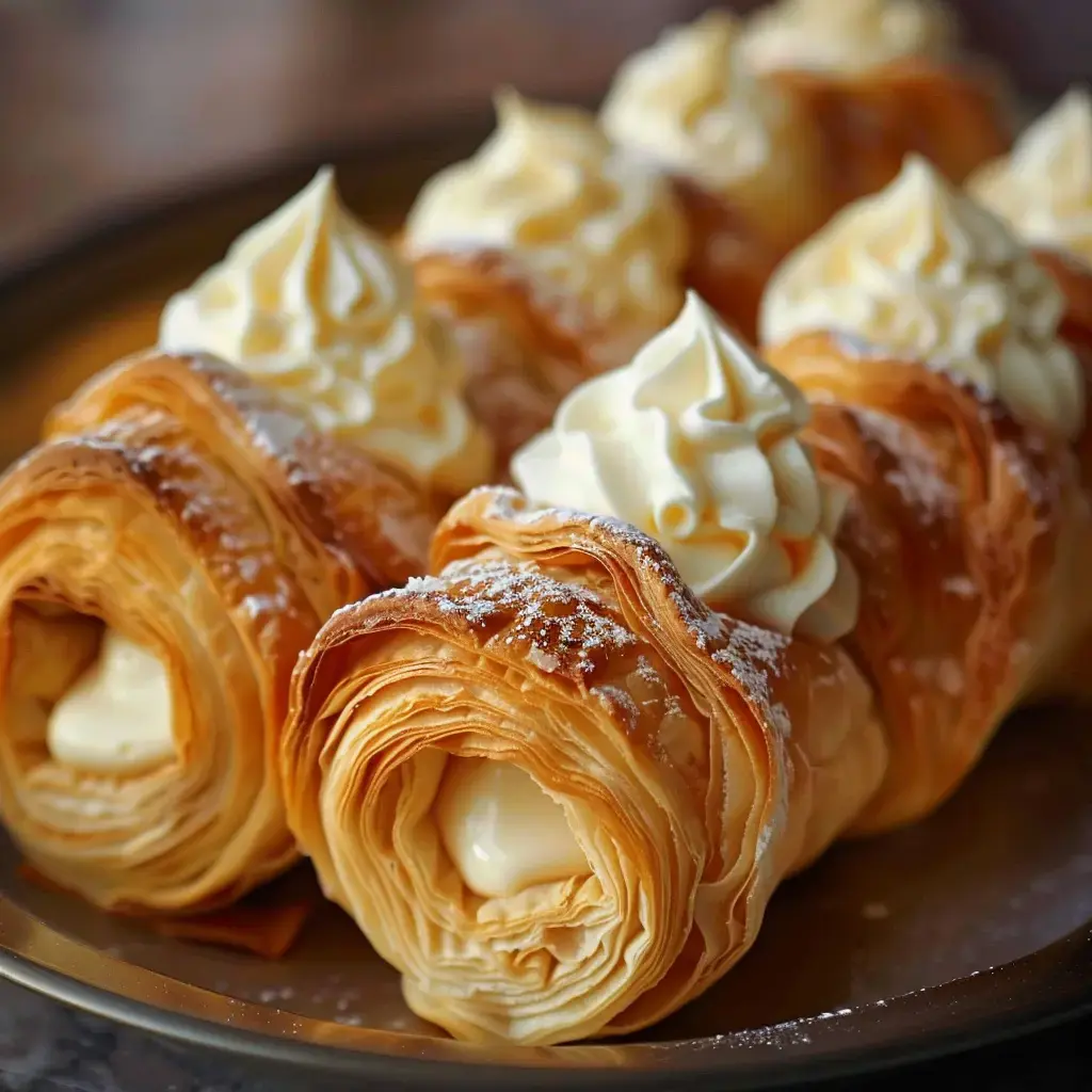 Rouleaux feuilletés remplis de crème vanillée, décorés de chantilly et de sucre glace.