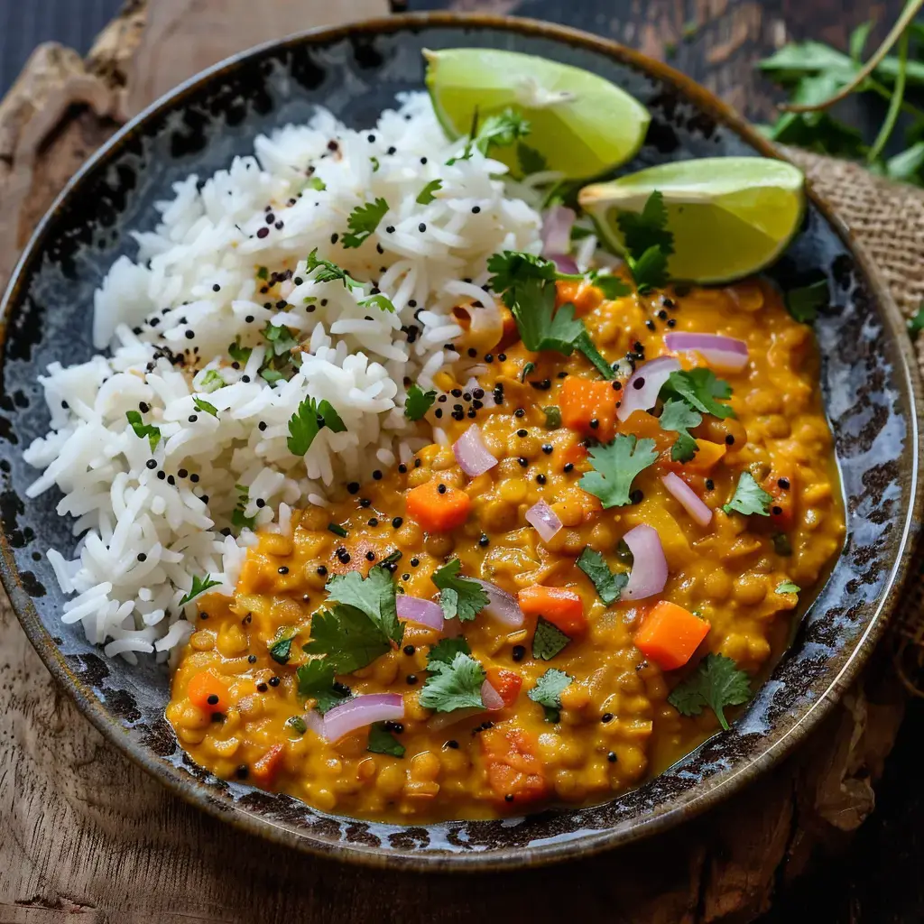 Un bol de lentilles corail accompagné de riz, oignons rouges, coriandre, et morceaux de citron vert.