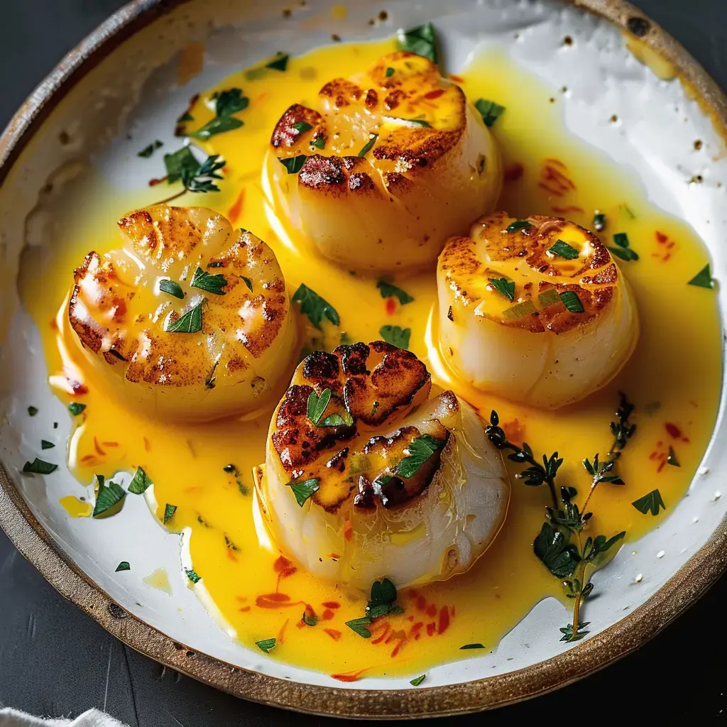 Quatre noix dorées de Saint-Jacques dans une assiette, servies avec une sauce dorée et une touche de verdure.