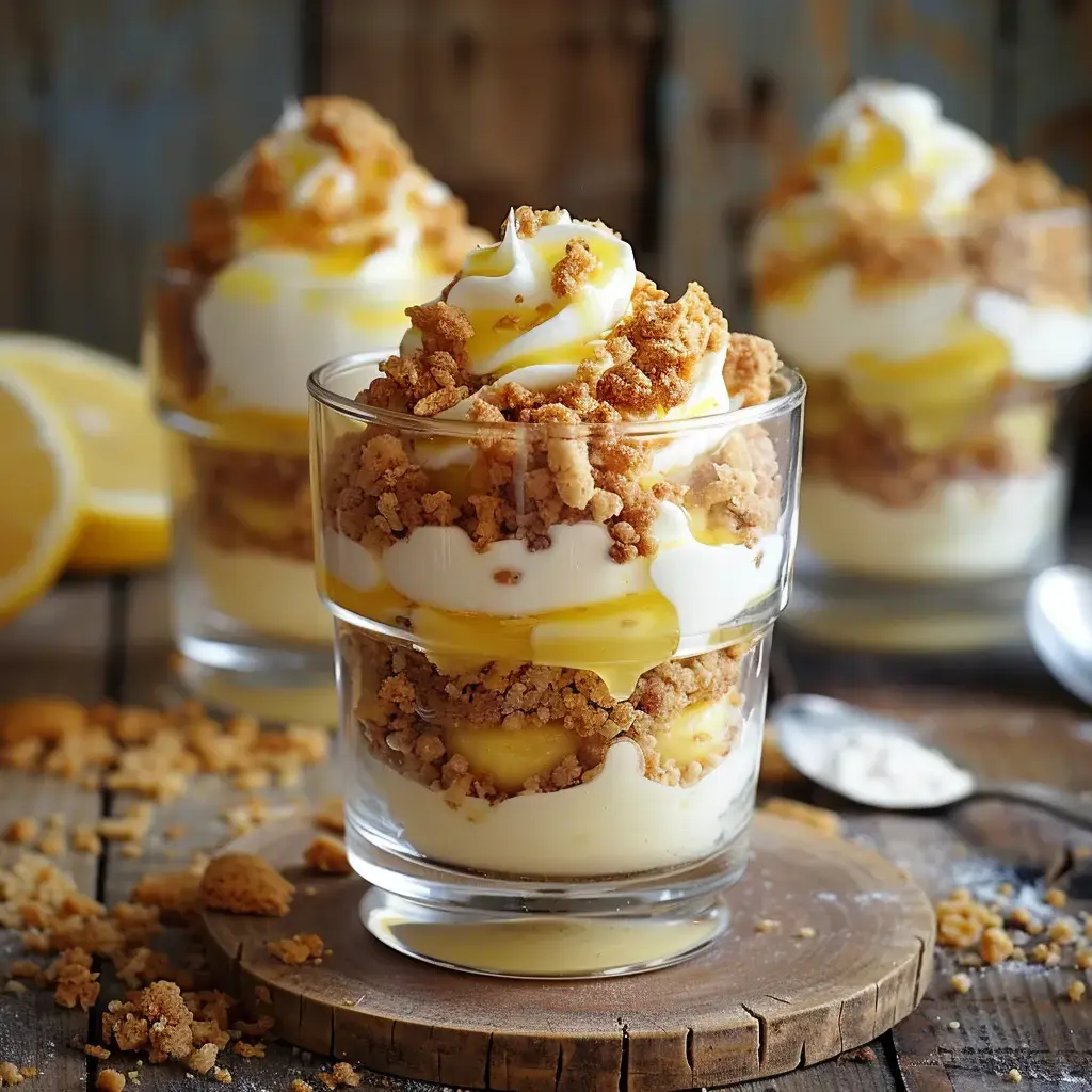 Des verrines de dessert citron et mascarpone, décorées de crumble, posées sur une table rustique.