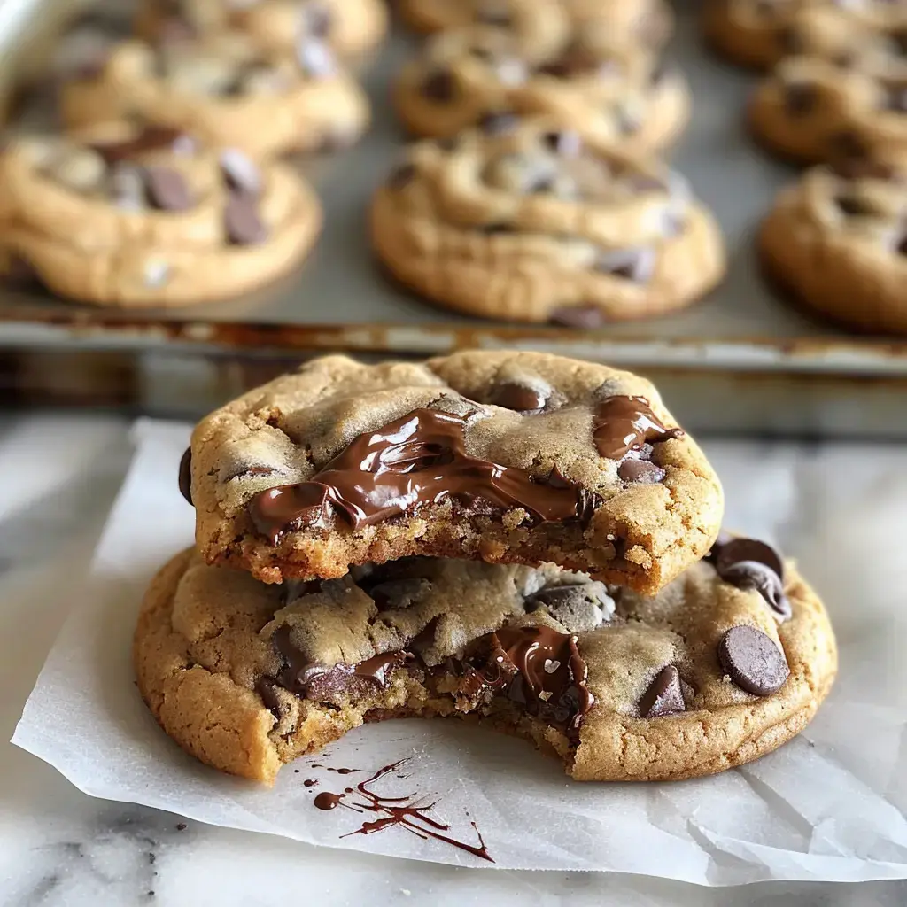 Biscuits moelleux au chocolat empilés, avec un intérieur Nutella fondant visible dans l'un d'eux.