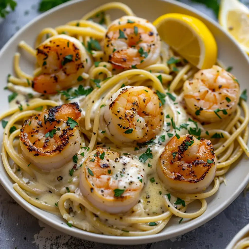 Un repas avec des pâtes, des crevettes dorées, du persil frais et des quartiers de citron.