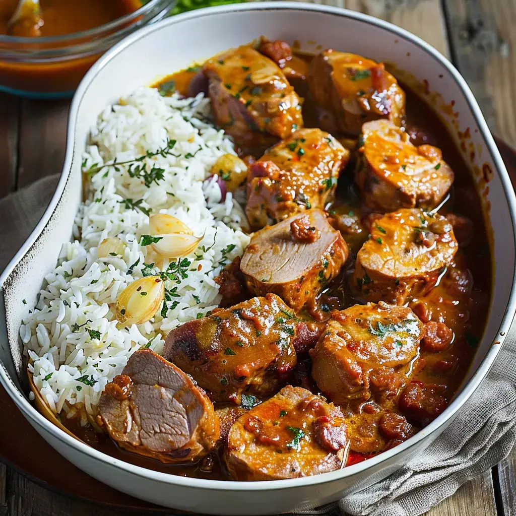 Assiette de viande mijotée avec riz blanc, persil et oignons.