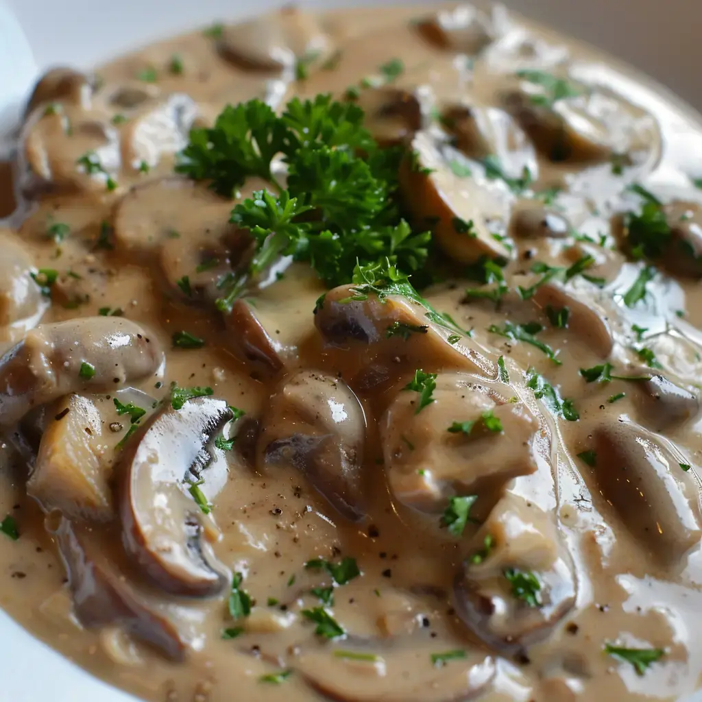 Sauce crémeuse aux champignons garnie de persil frais