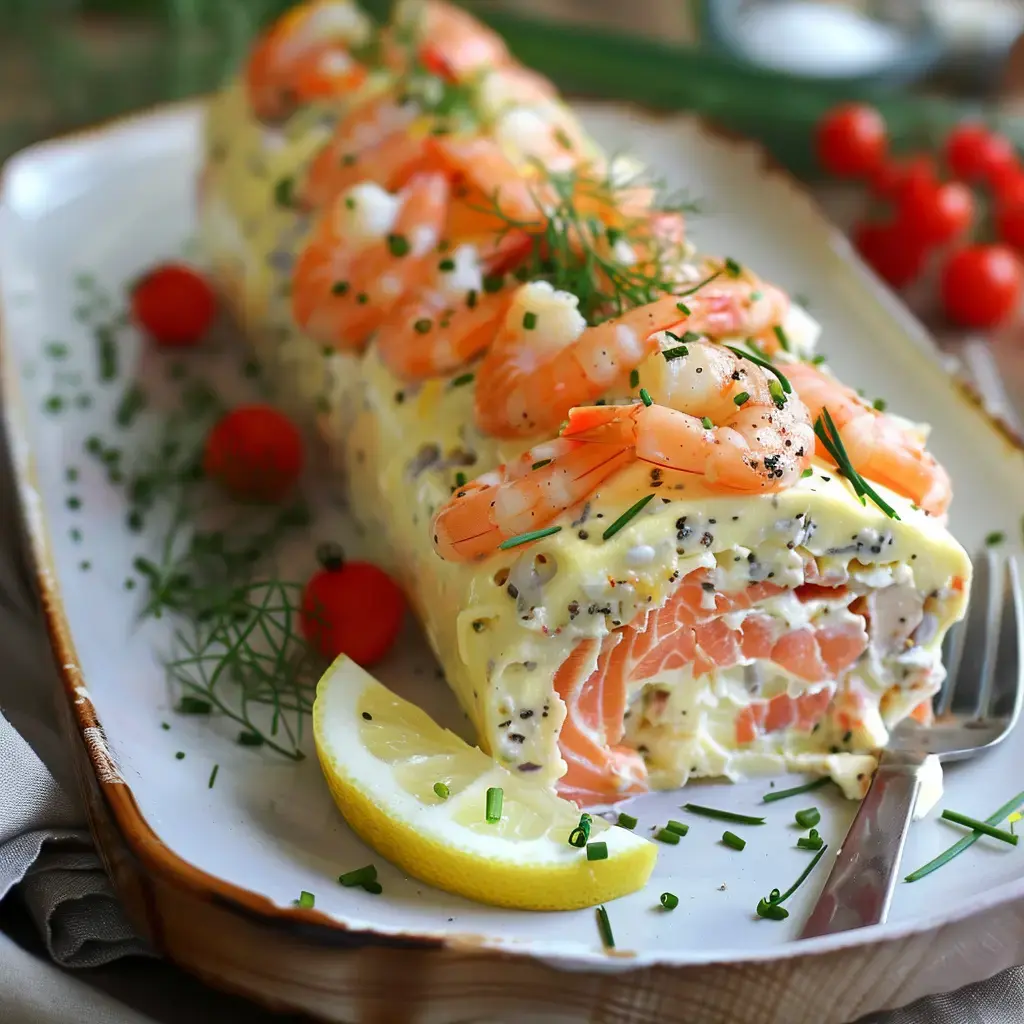 Terrine de fruits de mer décorée de langoustines, herbes fraîches et quartiers de citron