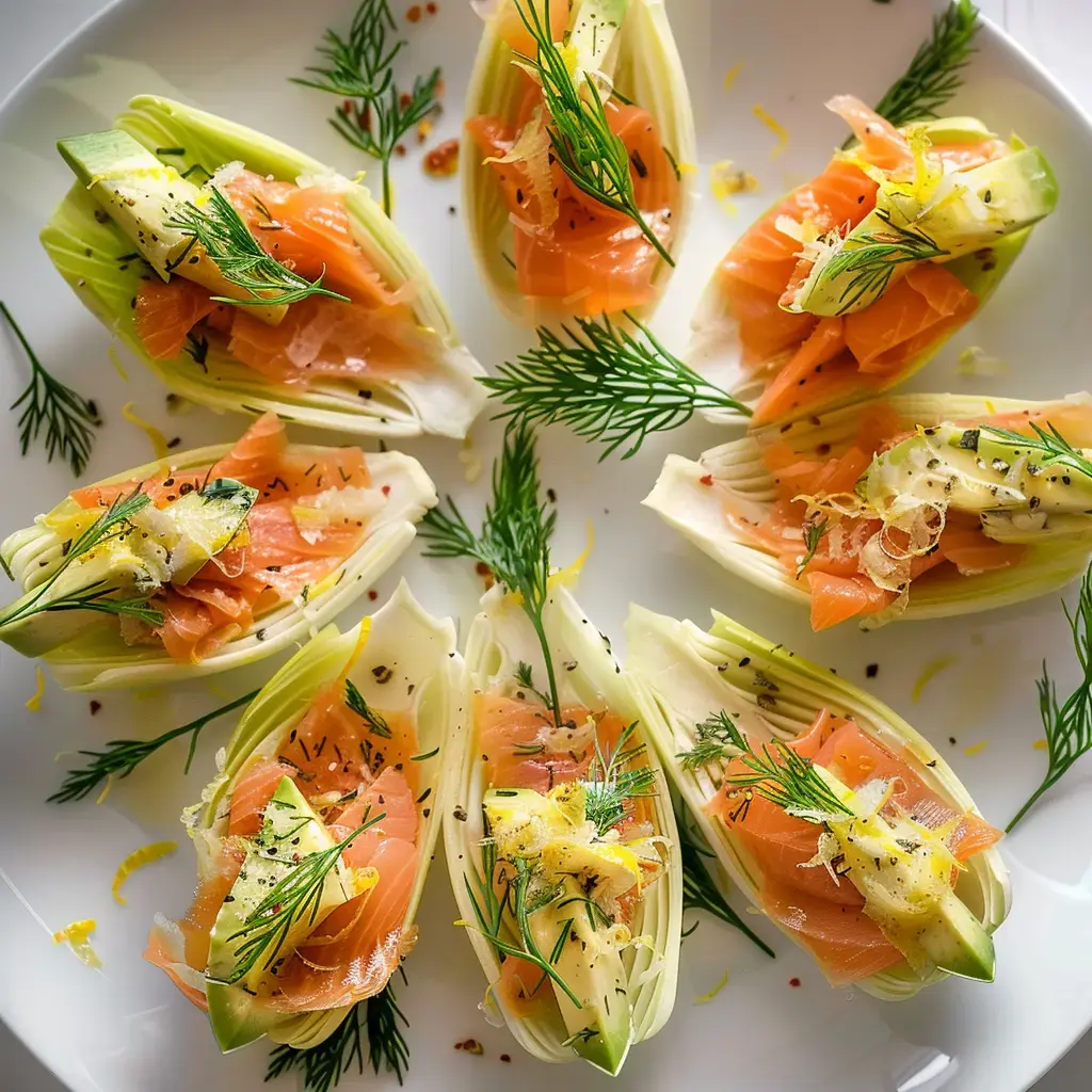 Présentation élégante d'endives farcies au saumon fumé et avocat garnies d'aneth