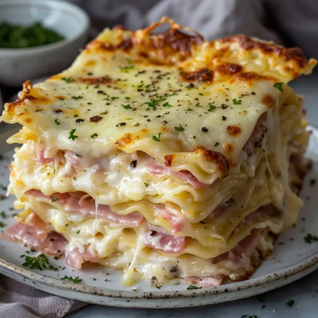 Une lasagne au jambon et fromages français gratinée, présentée dans un plat en céramique