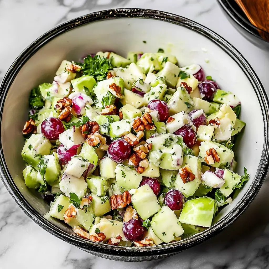 Salade Waldorf française avec pommes Golden, raisins, noix de Grenoble et persil dans un joli saladier