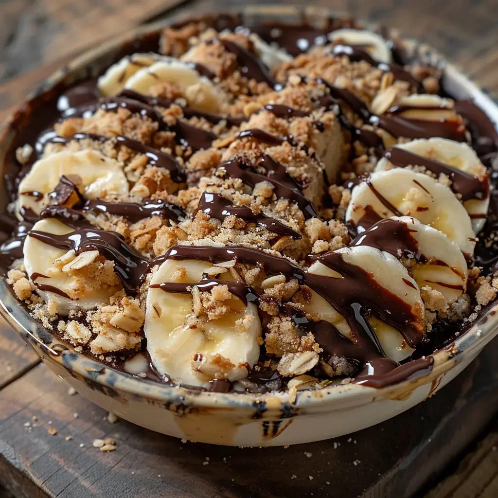 Un crumble banane-chocolat servi dans un ramequin en céramique, garni de bananes caramélisées et chocolat fondant