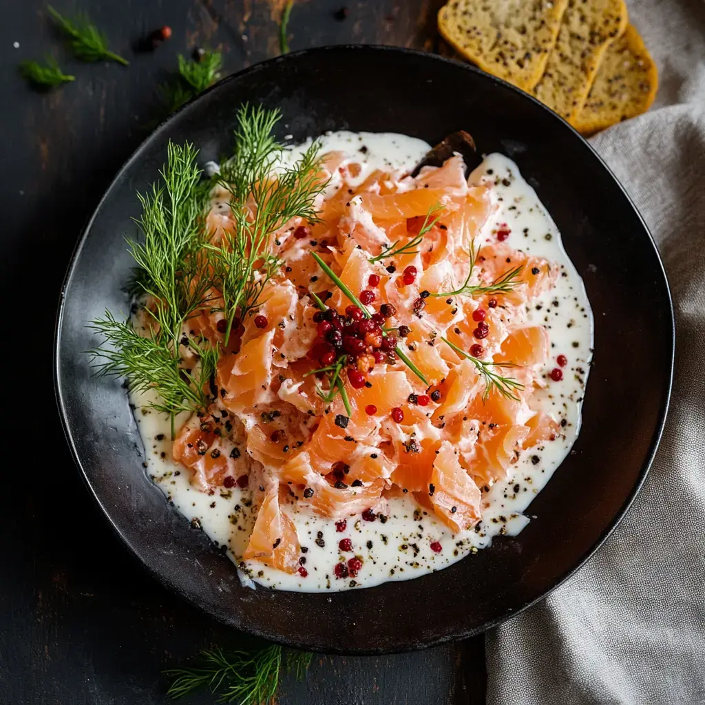 Rillettes de saumon garnies d'aneth et de baies roses, servies sur un lit de crème