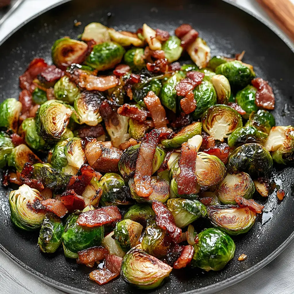 Choux de Bruxelles rôtis avec lardons dorés dans une poêle en fonte