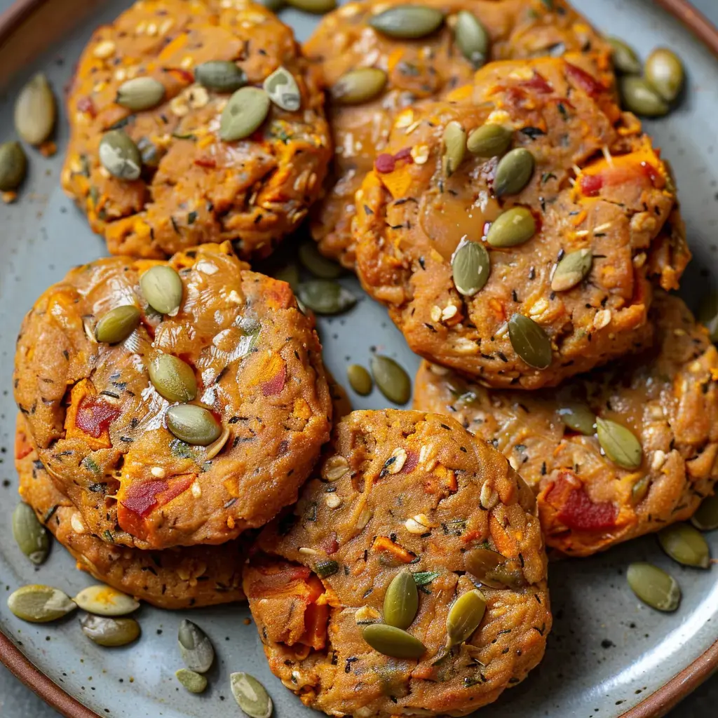 Cookies salés artisanaux parsemés de graines de potiron, présentés sur une assiette rustique