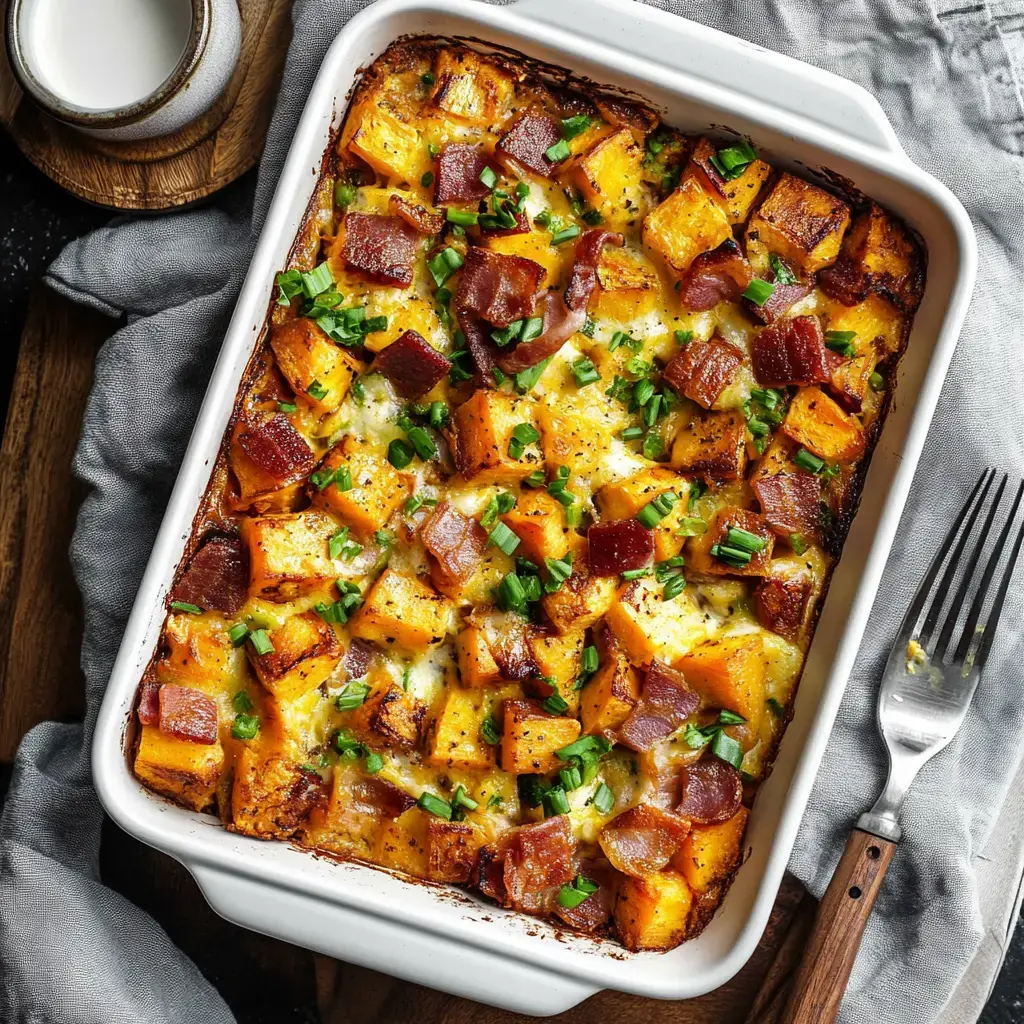 Casserole de légumes rôtis avec patates douces et lardons, parsemée de ciboulette fraîche, servie dans un plat en terre cuite