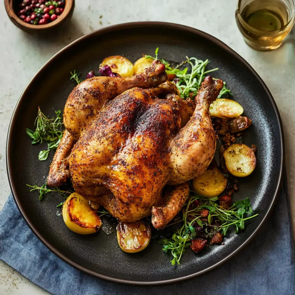 Un poulet rôti doré servi avec des pommes de terre de Noirmoutier et des herbes de Provence sur une assiette en ardoise